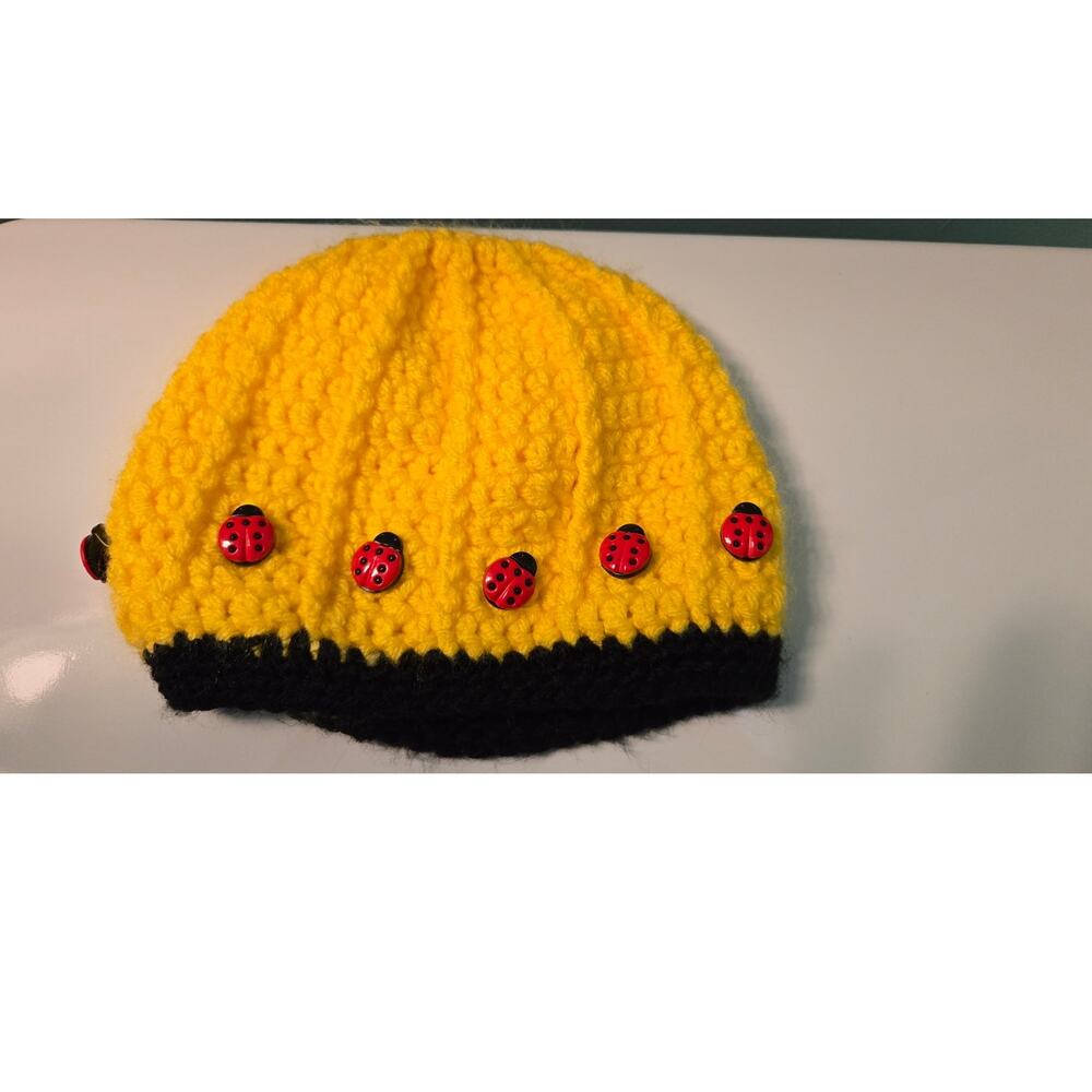 Handmade Crochet Baby Beanie Ladybug Yellow Spring